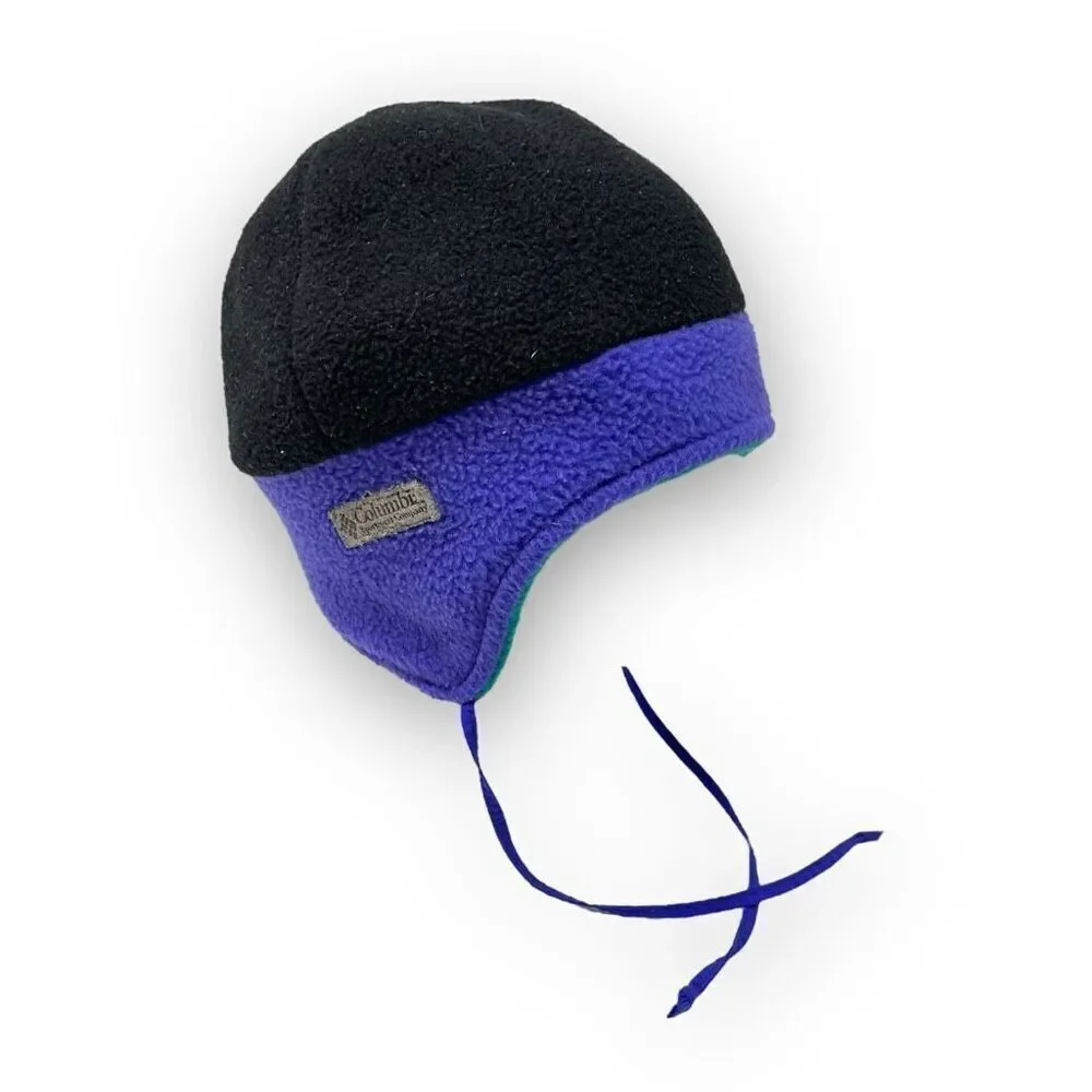 Vintage Columbia Reversible Teal Purple Fleece Beanie Hat Youth Size L/XL
